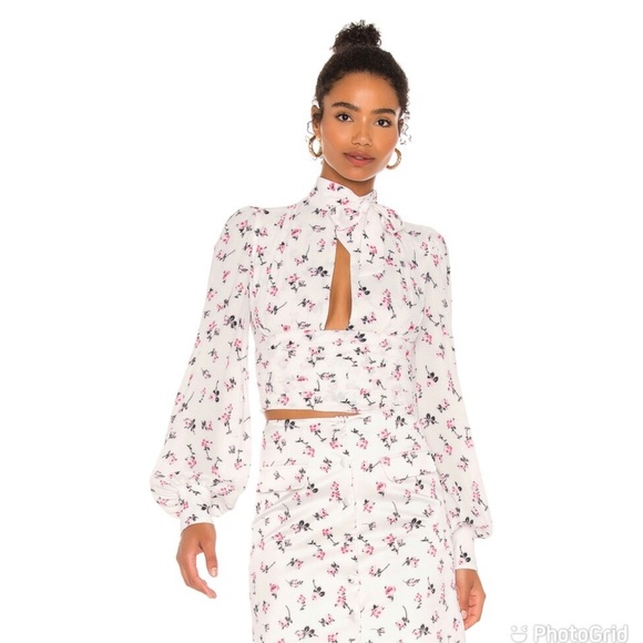 NWT BROGNANO Floral Bow Tie Blouse in White XS 38 - Picture 1 of 11